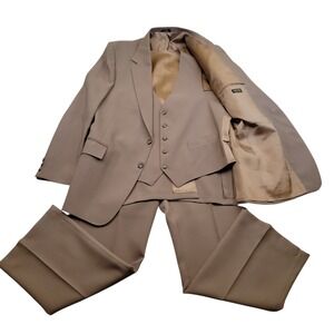 VTG Sears Comfort Suit 3 pc Tan Blazer Sport Coat Vest Pants 42R 44R 38x30 70s